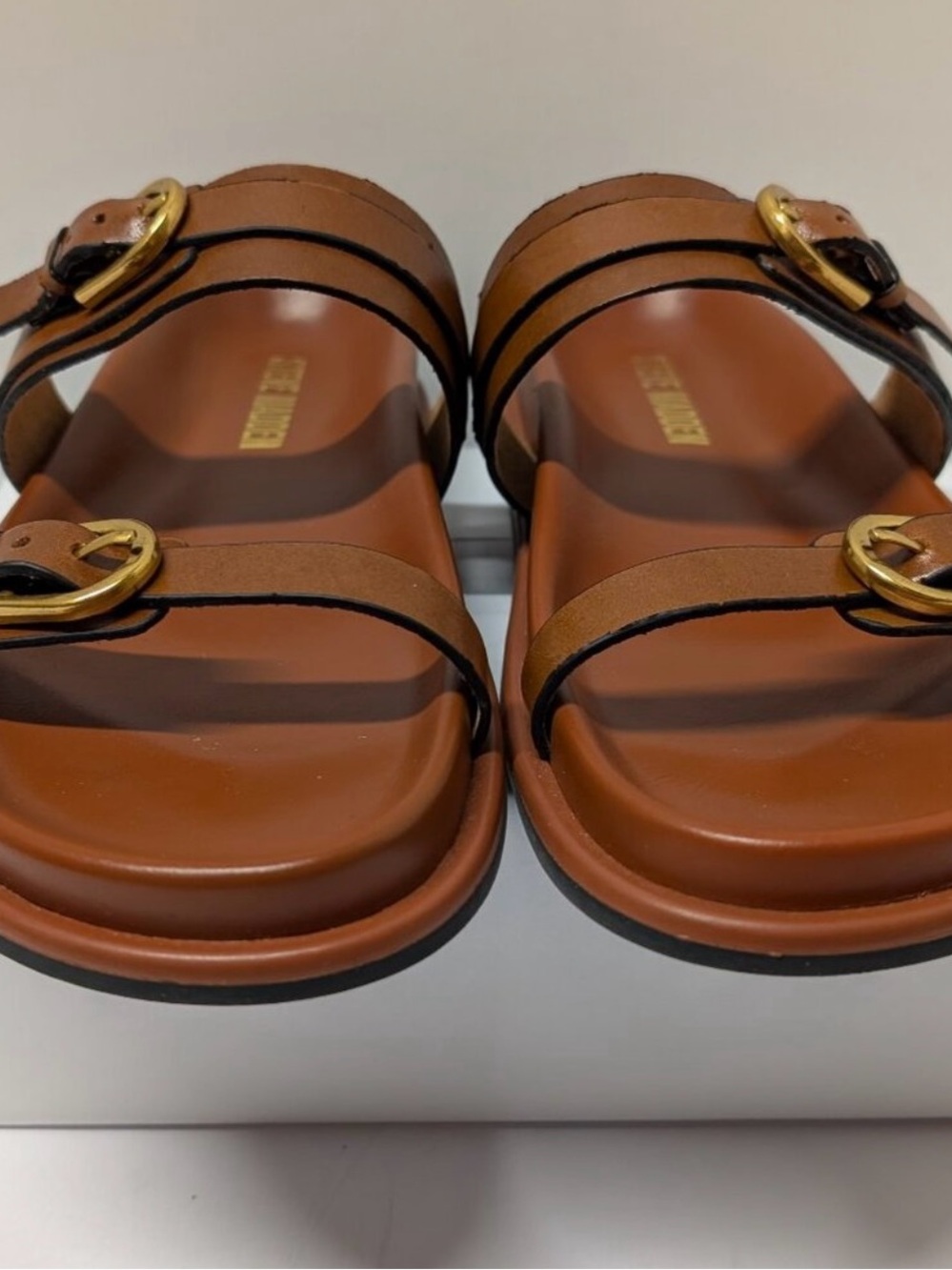 Steve Madden Tan Leather Double-Buckle Slide Sandals with Gold Buckles - Picture 5 of 8